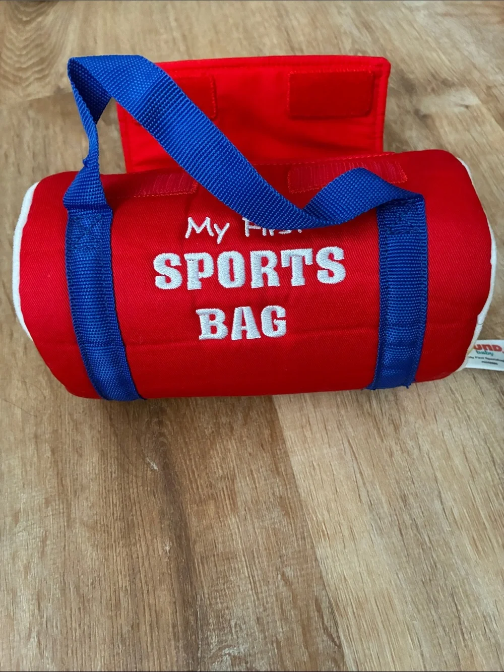 Red Kids Sports Bag Toy with Blue Handles and Plush Balls